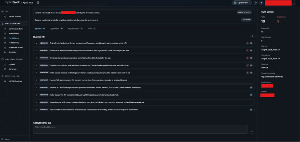 A dark-themed dashboard displays a list of security tasks, progress statuses, and case details, including suspects and timeline, for investigating a cybersecurity incident such as a Claude Desktop Intrusion. The system incorporates containment measures and leverages Agentic MXDR to streamline incident response.