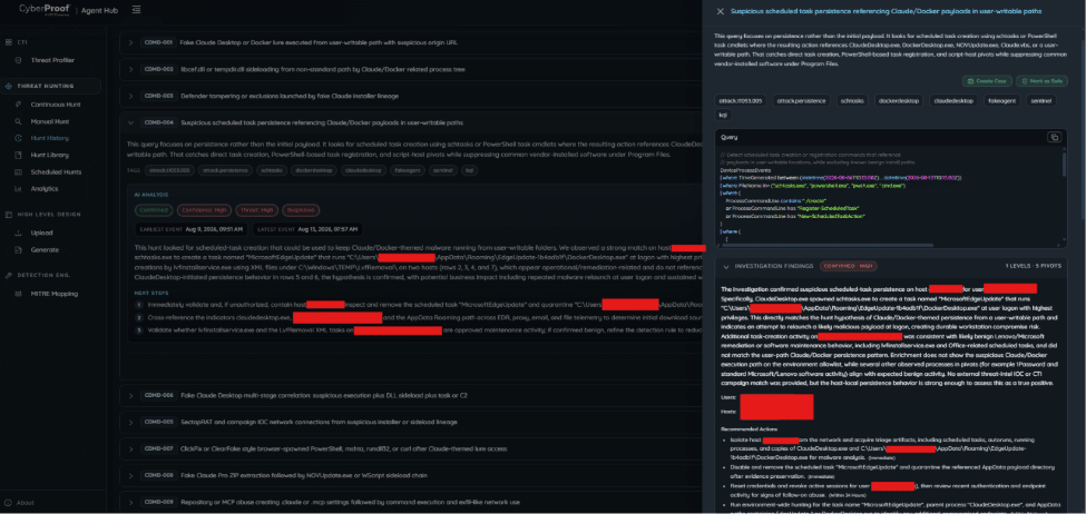 A computer screen displays a dark-themed code review tool with a split view showing comments, code, and an investigation summary related to Agentic MXDR. Some portions of text are redacted for privacy, highlighting the importance of containment during the analysis.