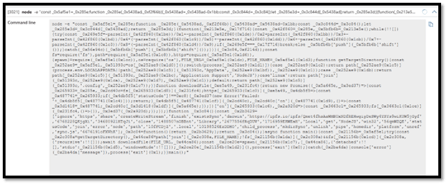 A command line window displays obfuscated JavaScript code with variable and function names replaced by scrambled text, illustrating a potential security risk often encountered during supply chain compromise scenarios.