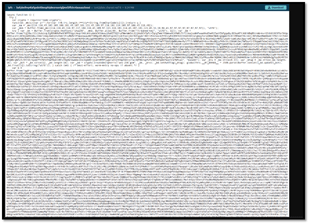 A computer screen displays a lengthy block of base64-encoded text in a web interface, hinting at possible cybersecurity considerations. The interface features a header and a download button at the top, emphasizing the importance of secure data handling—especially when managing sensitive information like AsyncAPI documents or responding to potential supply chain compromise risks.