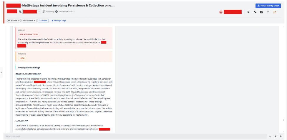 Screenshot of a security incident report detailing a multi-stage cyber incident involving malwareโincluding the Fake Claude Desktop Intrusionโwith highlighted text and redacted sensitive information. The report emphasizes swift containment measures and references Agentic MXDR solutions applied during the response.