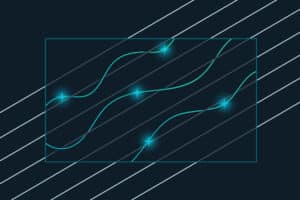 A dark background with diagonal white lines and a rectangle containing two wavy teal lines and five glowing points inside.