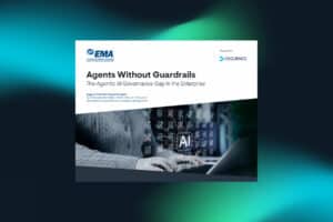 A digital cover page titled “Agents Without Guardrails” features a person typing on a keyboard with AI-themed graphics and logos, highlighting the complexities of agent behavior in modern systems, presented by EMA and Cequence.