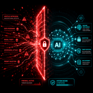 Digital illustration shows a firewall blocking cyber threats like data poisoning and model theft, with Agentic MXDR-protected AI systems and advanced security features on the right.