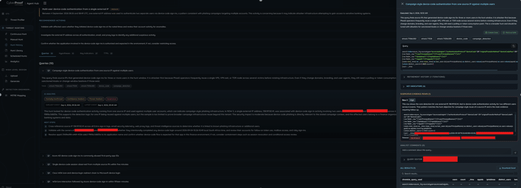 A dark-themed computer screen displays a ChatGPT interface with code snippets, user queries, responses, sidebar options, and some text sections redacted for privacy. The scene evokes an environment typical of threat hunting sessions, where analysts investigate suspicious activities such as phishing compromise using advanced AI tools.