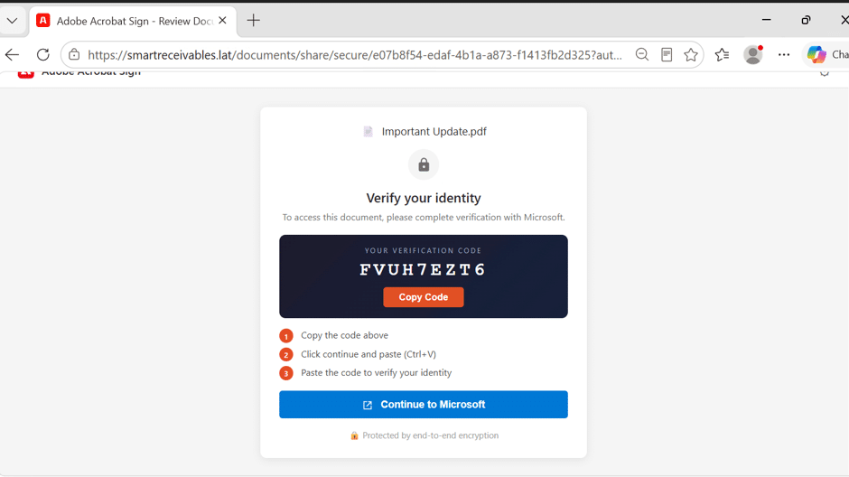 A webpage displays a verification code and asks the user to verify their identity to access a document, with options to copy the code and continue to Microsoft. This process is often targeted in device code phishing attacks, highlighting the need for vigilant threat hunting and awareness of potential alert gaps in security monitoring.